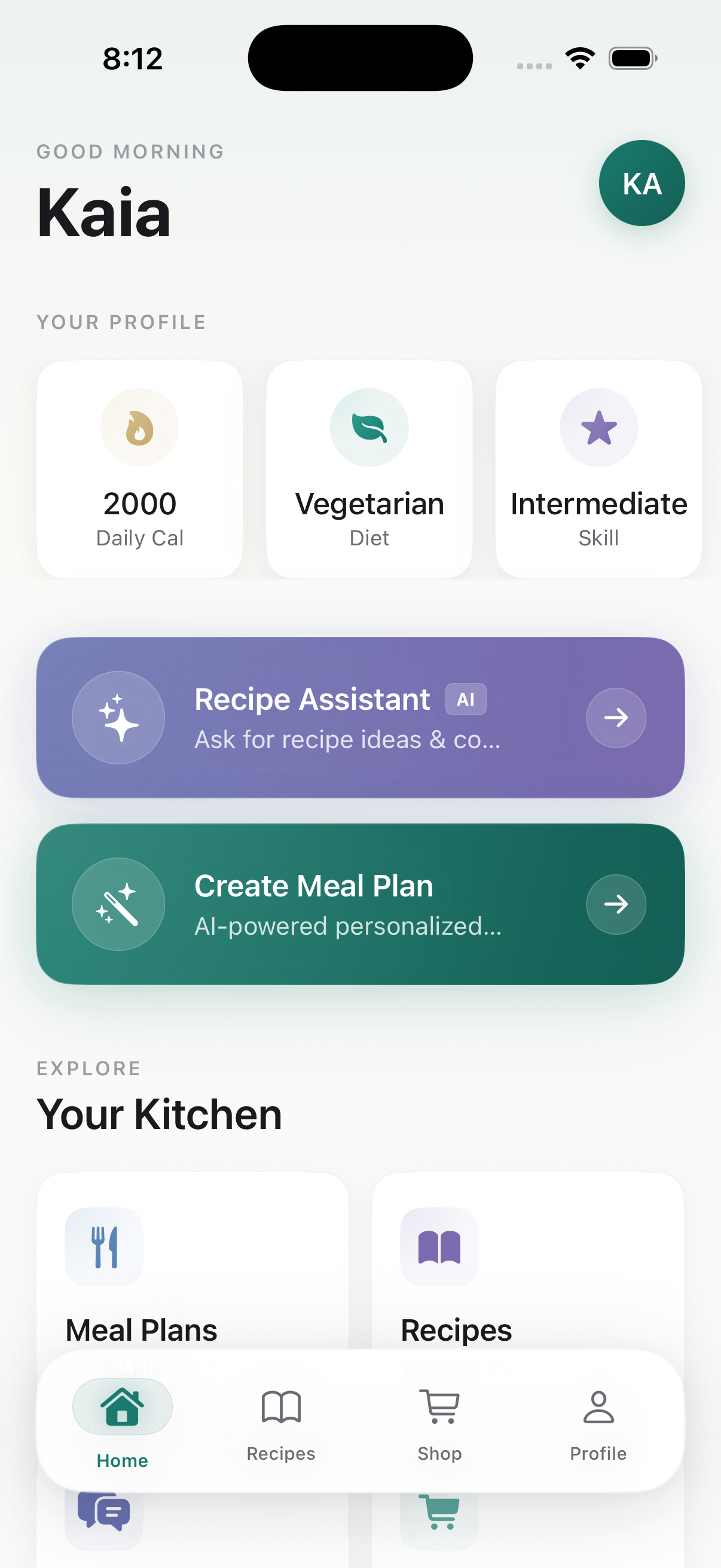 MealCraft app home screen